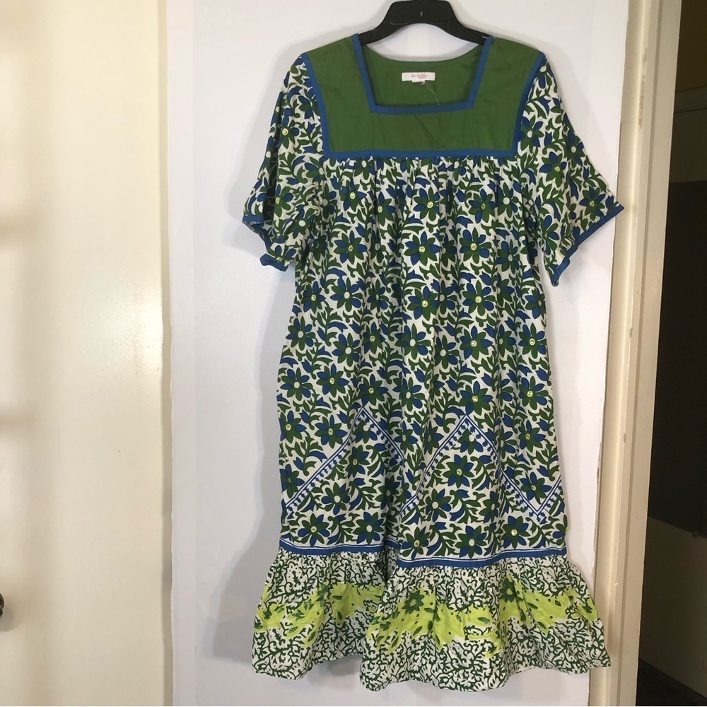 Go Softly Green Blue Floral Beaded Patio Dress Muumuu | Small/Medium